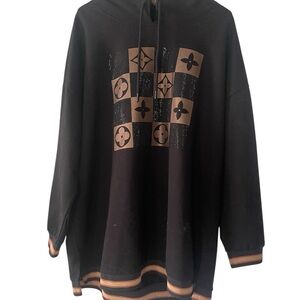 Black Oversized Hoodie with Brown Checker Logo Detail